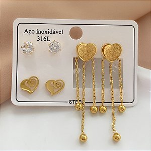BRINCO KIT CORAÇÕES FRANJAS DOURADO AÇO 316L⭐️
