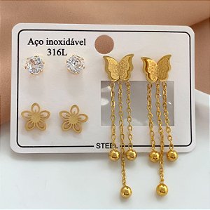 BRINCO KIT BORBOLETA FRANJAS DOURADO AÇO 316L⭐️