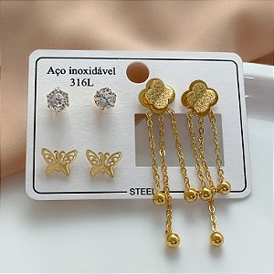 BRINCO KIT TREVO FRANJAS DOURADO AÇO 316L⭐️