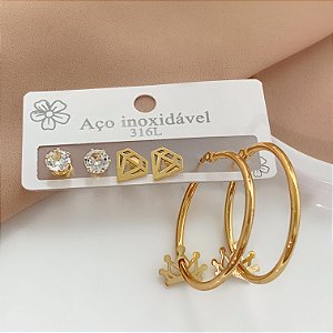 BRINCO KIT ARGOLA COROA E DIAMANTE DOURADO AÇO 316L⭐️