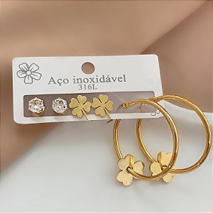 BRINCO KIT ARGOLA PINGENTE TREVO DOURADO AÇO 316L⭐️