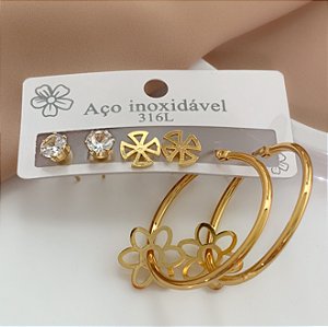 BRINCO KIT ARGOLA PINGENTE FLOR DOURADO AÇO 316L⭐️