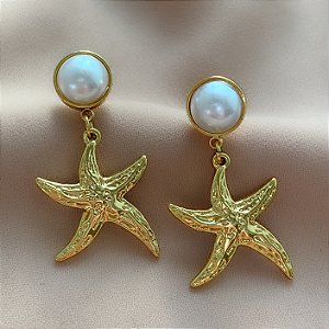 BRINCO PÉROLA COM ESTRELA PENDENTE DOURADO AÇO 316L⭐️