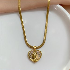 COLAR FITA FINA COM PINGENTE NOSSA SENHORA CRAVEJADO DOURADO AÇO 316L⭐️