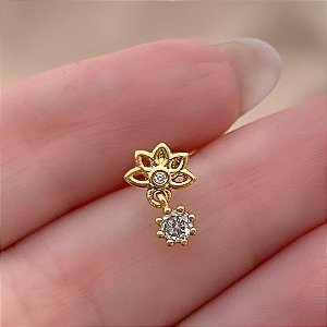 PIERCING TRÁGUS / CARTILAGEM PONTO DE LUZ E FLOR PENDENTE 8MM HASTE AÇO 316L FOLHEADO A OURO 18K SEMIJOIA PARA ATUALIZAÇÃO⭐️