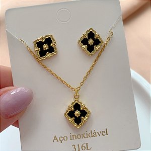 COLAR E BRINCO KIT TREVO DOURADO AÇO 316L⭐️