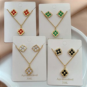 COLAR E BRINCO KIT TREVO DOURADO AÇO 316L⭐️