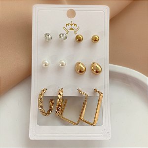 BRINCO KIT ARGOLAS, PÉROLA, GOTA E ZIRCÔNIA BIJU