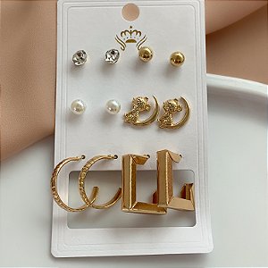 BRINCO KIT ARGOLAS, LUA COM URSINHO, PÉROLA E ZIRCÔNIA BIJU