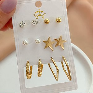 BRINCO KIT ARGOLAS, ESTRELA, PÉROLA E ZIRCÔNIA BIJU