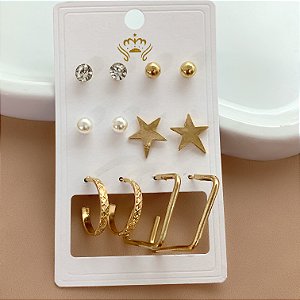 BRINCO KIT ARGOLAS, ESTRELA, PÉROLA E ZIRCÔNIA BIJU