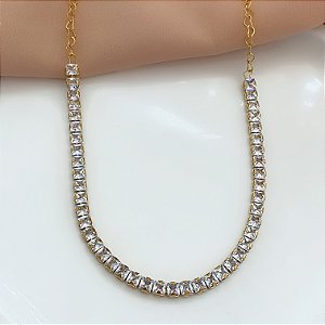 COLAR RIVIERA ZIRCÔNIA QUADRADA ELOS CORAÇÕES DOURADO AÇO 316L⭐️