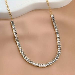 COLAR RIVIERA ZIRCÔNIA BAGUETE ELOS CORAÇÕES DOURADO AÇO 316L⭐️