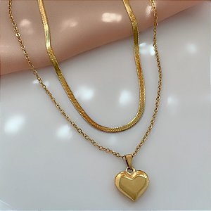 COLAR DUPLO FITA FINA E CORRENTE PINGENTE CORAÇÃO DOURADO AÇO 316L⭐️