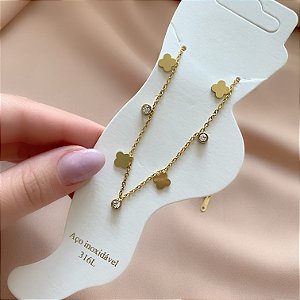 TORNOZELEIRA PINGENTE TREVO E ZIRCÔNIA DOURADO AÇO 316L⭐️