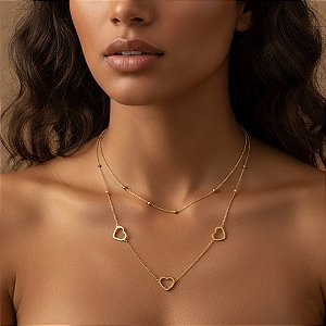 COLAR CORRENTE DUPLA BOLINHAS E CORAÇÃO VAZADO DOURADO AÇO 316L⭐️