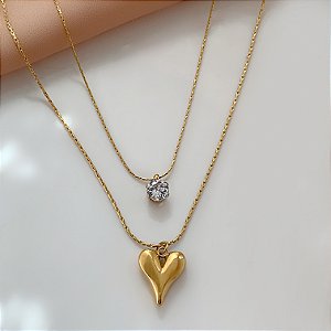 COLAR CORRENTE DUPLA PONTO DE LUZ E CORAÇÃO DOURADO AÇO 316L⭐️