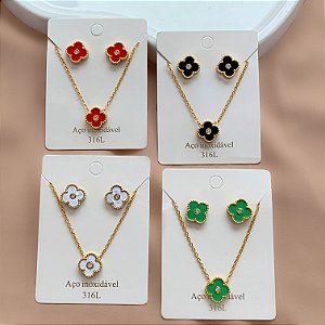 COLAR E BRINCO KIT FLOR RESINADO COM ZIRCÔNIA DOURADO AÇO 316L⭐️