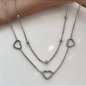 COLAR CORRENTE DUPLA BOLINHAS E CORAÇÕES VAZADOS AÇO 316L⭐️