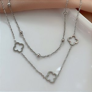 COLAR CORRENTE DUPLA BOLINHAS E TREVOS VAZADOS AÇO 316L⭐️