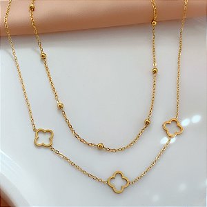 COLAR CORRENTE DUPLA BOLINHAS E TREVOS VAZADOS DOURADO AÇO 316L⭐️