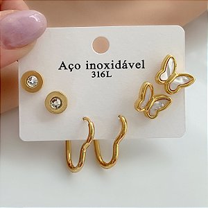 BRINCO KIT BORBOLETA E PONTO DE LUZ DOURADO AÇO 316L⭐️