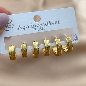 BRINCO KIT ARGOLAS LARGAS JATEADAS DOURADO AÇO 316L⭐️