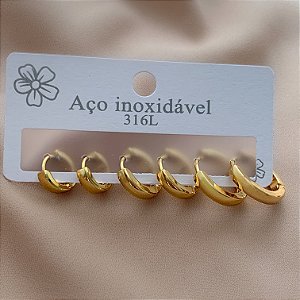 BRINCO KIT ARGOLAS FIO ACHATADO RETODOURADO AÇO 316L⭐️