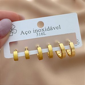 BRINCO KIT ARGOLAS FIO ACHATADO RETO DOURADO AÇO 316L⭐️