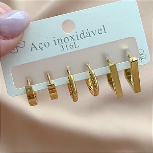 BRINCO KIT ARGOLAS REDONDAS E RETANGULAR DOURADO AÇO 316L⭐️