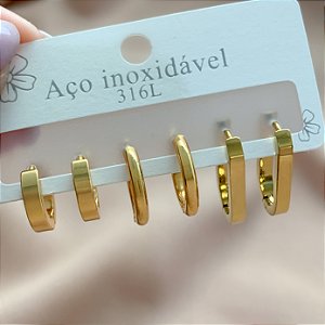 BRINCO KIT ARGOLAS REDONDAS E OVAL DOURADO AÇO 316L⭐️