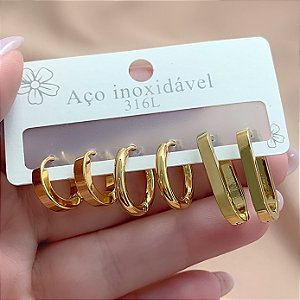 BRINCO KIT ARGOLAS REDONDAS E OVAL DOURADO AÇO 316L⭐️