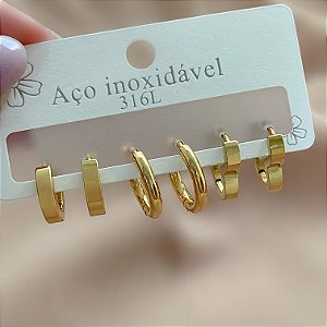 BRINCO KIT ARGOLAS REDONDAS E CORAÇÃO DOURADO AÇO 316L⭐️