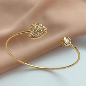 PULSEIRA / BRACELETE CORAÇÃO CRAVEJADO E PONTO DE LUZ DOURADO BIJU