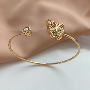 PULSEIRA / BRACELETE BORBOLETA CRAVEJADA E PONTO DE LUZ DOURADO BIJU