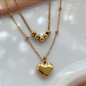 COLAR DUPLO BOLINHAS E CORAÇÃO DOURADO AÇO 316L⭐️