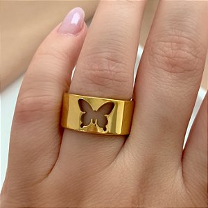 ANEL ALIANÇA GROSSA BORBOLETA VAZADA DOURADO AÇO 316L⭐️