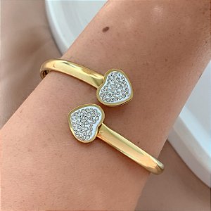 PULSEIRA / BRACELETE FIO ACHATADO CORAÇÕES ZIRCÔNIAS DOURADO AÇO 316L⭐️