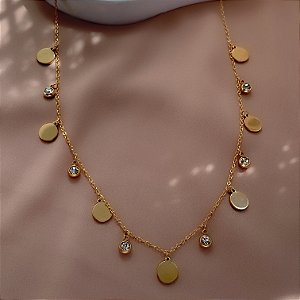 COLAR PINGENTES PLAQUINHAS E ZIRCÔNIAS DOURADO AÇO 316L⭐️