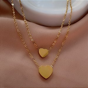 COLAR DUPLO CORAÇÕES LISOS DOURADO AÇO 316L⭐️