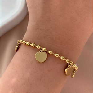PULSEIRA CORRENTE BOLINHAS PINGENTES CORAÇÕES DOURADO AÇO 316L⭐️
