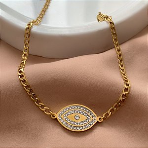 PULSEIRA CORRENTE OLHO GREGO ZIRCÔNIAS DOURADO AÇO 316L⭐️
