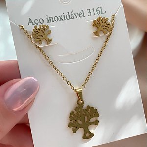 COLAR E BRINCO KIT ÁRVORE DA VIDA DOURADO AÇO 316L⭐️