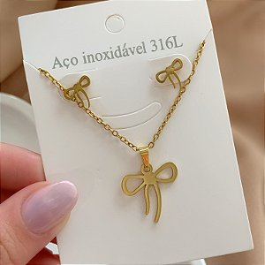 COLAR E BRINCO KIT LACINHO DELICADO DOURADO AÇO 316L⭐️