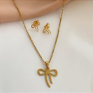 COLAR E BRINCO KIT LACINHO DELICADO DOURADO AÇO 316L⭐️