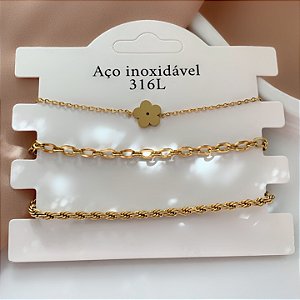 PULSEIRA KIT CORRENTE, FLORZINHA E CORDÃO BAIANO DOURADO AÇO 316L⭐️