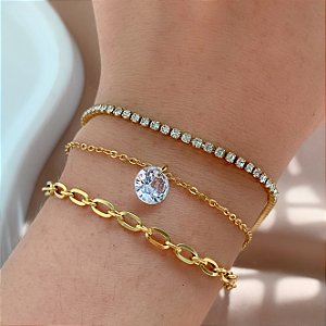 PULSEIRA KIT CORRENTE, PONTO DE LUZ E ZIRCÔNIAS DOURADO AÇO 316L⭐️