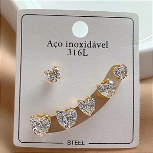 BRINCO KIT PONTOS DE LUZ ZIRCÔNIAS CORAÇÕES DOURADO AÇO 316L⭐️