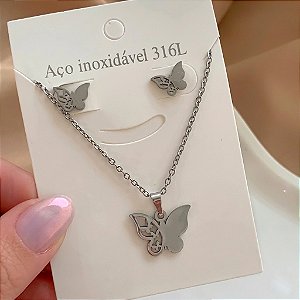 COLAR E BRINCO KIT BORBOLETA VAZADA DESENHADA AÇO 316L⭐️