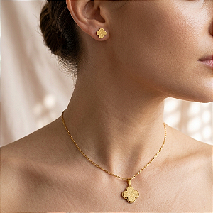 COLAR E BRINCO KIT TREVO TEXTURIZADA DOURADO AÇO 316L⭐️